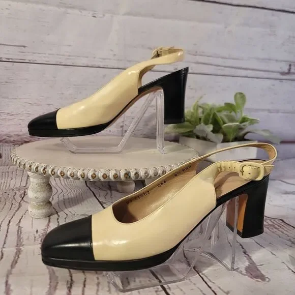 Salvatore Ferragamo Vintage Leather Slingback Heels Cream Black Cap Toe Size 8.5 - Picture 2 of 12